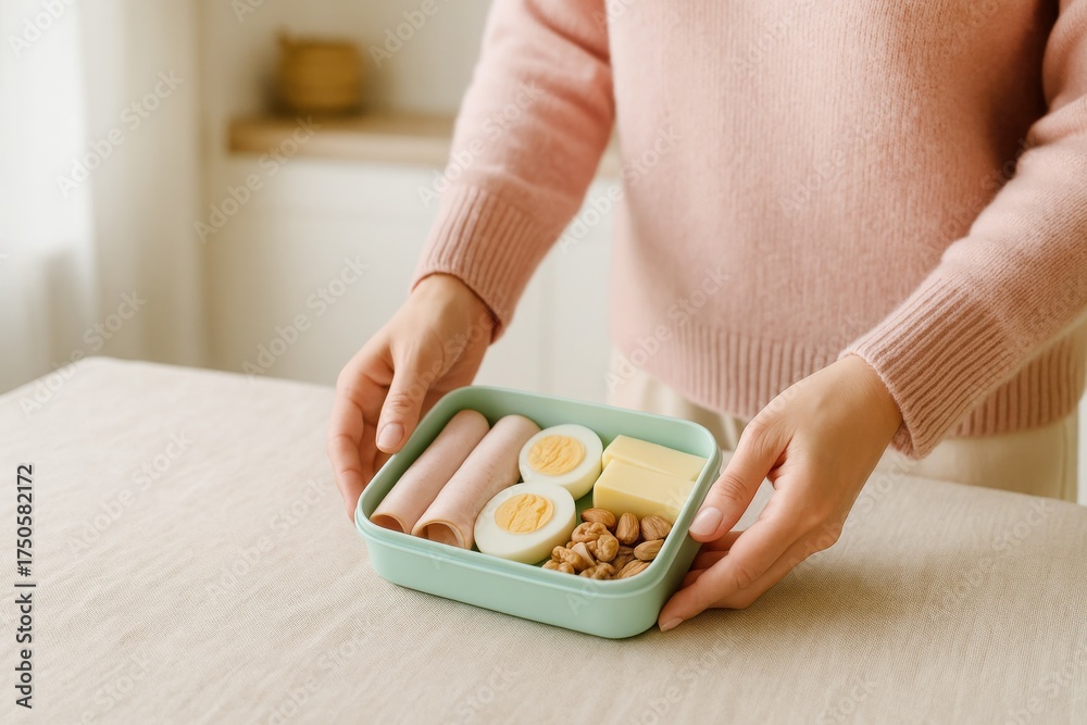 Obraz premium motherТs hands placing mint lunch box with healthy snacks on linen table in soft window light, concept of family care and morning preparation for childrenТs nutrition