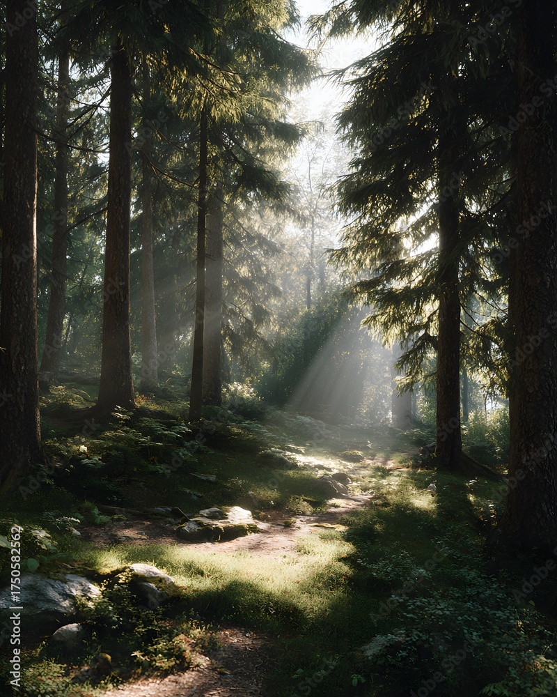 Obraz premium Sunlight Streaming Through Trees in Peaceful Forest Path