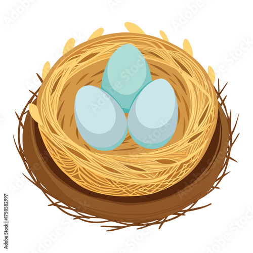 A cozy bird s nest holding three pale blue speckled eggs