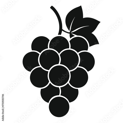 Simple black and white illustration of a bunch of grapes on stem