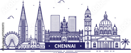 Chennai Landmark Illustration Ultra Detailed Sketch Including Marina Beach, Fort St. George, Kapaleeshwarar Temple, Mylapore Cultural Sites – For Posters, Travel Promotion, Tourism Guides