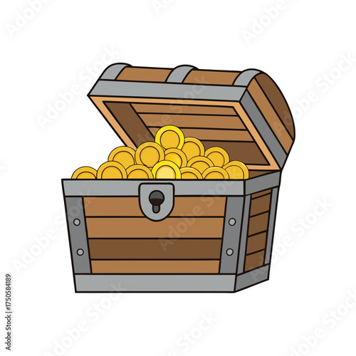 An open wooden treasure chest overflowing with bright golden coins