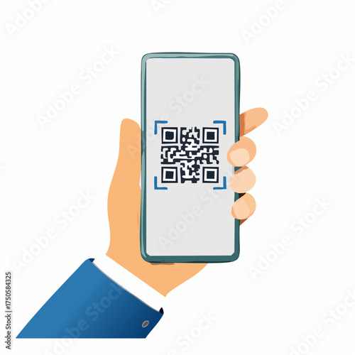 Qr scan. 3D hand with phone, scanning QR code reader on screen. Access, payment and verification, identification app.