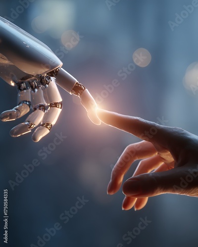 Human and robot hand touching with glowing light symbolizing connection between technology and humanity