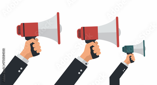 Three hands holding megaphones, two red and one teal, against a white background.