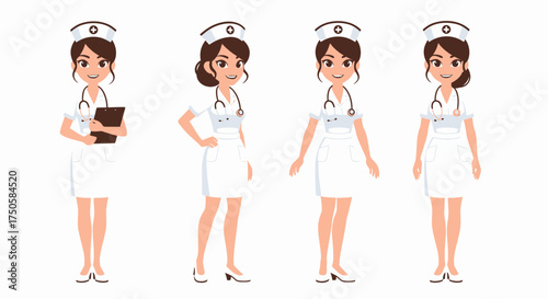 A collection of four cartoon female nurse characters in classic white uniforms and various poses.