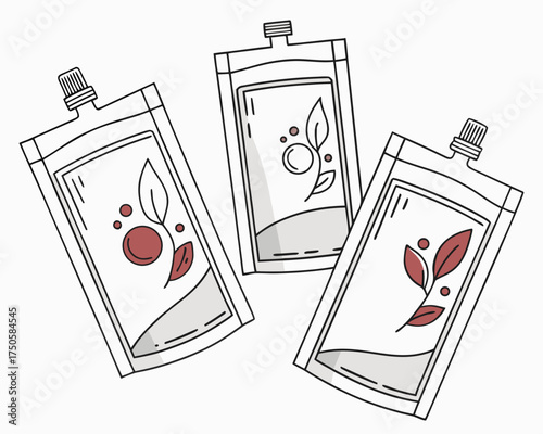 Three white doypack or spouted pouch mockups for liquid food on transparent background