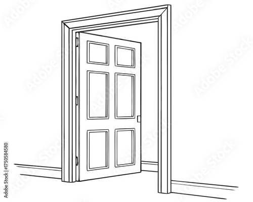A classic white six panel interior door and frame standing wide open on transparent background