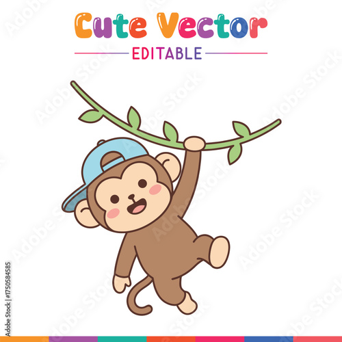 Cute monkey hanging on a vine wearing a cap