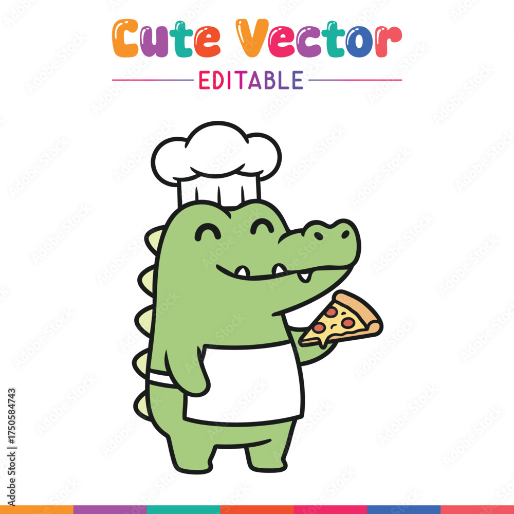 Fototapeta premium Cute cartoon chef crocodile holding pizza slice fun food art