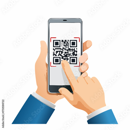 Qr scan. 3D hand with phone, scanning QR code reader on screen. Access, payment and verification, identification app.