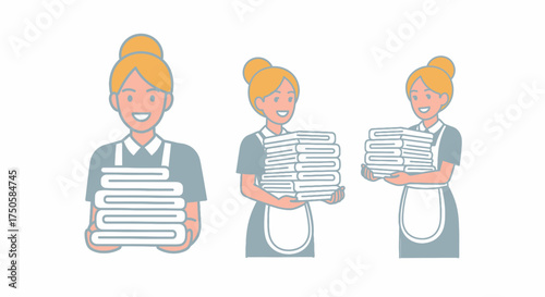 Three cartoon women in maid uniforms holding stacks of folded towels or linens.