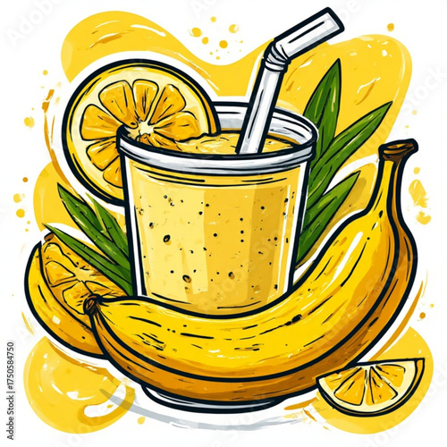A vibrant cartoon illustration of a banana smoothie in a cup with a straw, garnished with orange slices and banana, surrounded by green leaves.