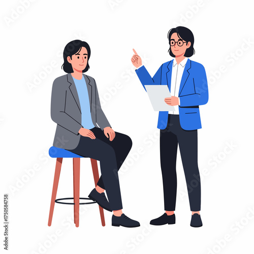 A business professional standing and explaining a document to a seated colleague in a modern flat vector illustration.