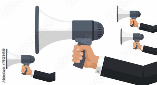 Illustration of hands holding megaphones, representing announcements and communication in business.