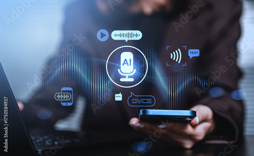 Canvas Print AI voice technology interface concept with sound wave and speech-to-text icons over smartphone and laptop in tech environment background