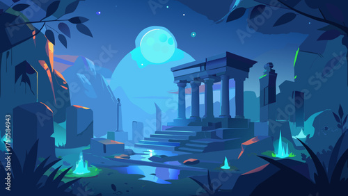 Ruins and moonlit landscape in a blue color scheme