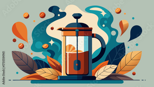 Stylized french press with leaves and abstract shapes