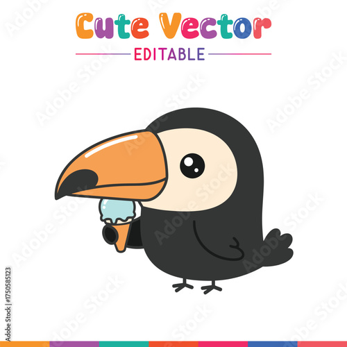 Adorable cartoon toucan holding ice cream fun illustration