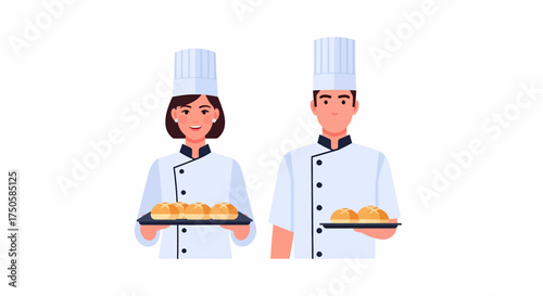 Two smiling chefs, a man and a woman, in white uniforms and hats, holding trays of freshly baked bread rolls on a white background.