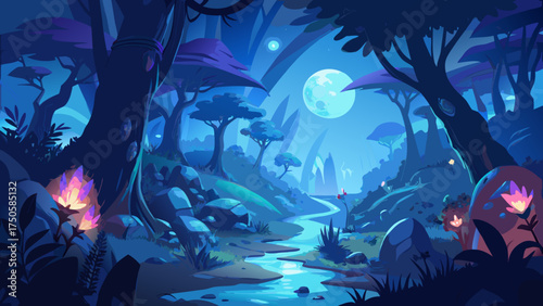 A dreamy landscape with a river and a full moon night
