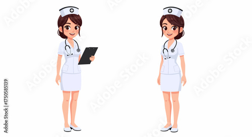 Two cartoon nurses in white uniforms with stethoscopes and caps, one holding a clipboard.