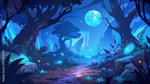 A mystical forest landscape under the moonlight glow