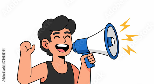 Cartoon man shouting into a megaphone with lightning bolts emanating from the speaker.