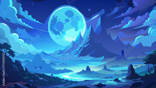 A serene landscape under the light of a full moon