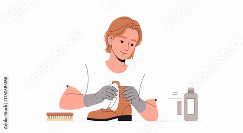 A person wearing gloves carefully cleaning and polishing a brown leather shoe with a cloth.