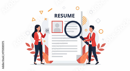 A man and a woman analyzing a large resume with a magnifying glass, symbolizing recruitment and job searching.