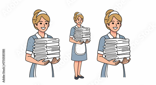Illustration of a smiling woman in a maid uniform holding a stack of clean towels.