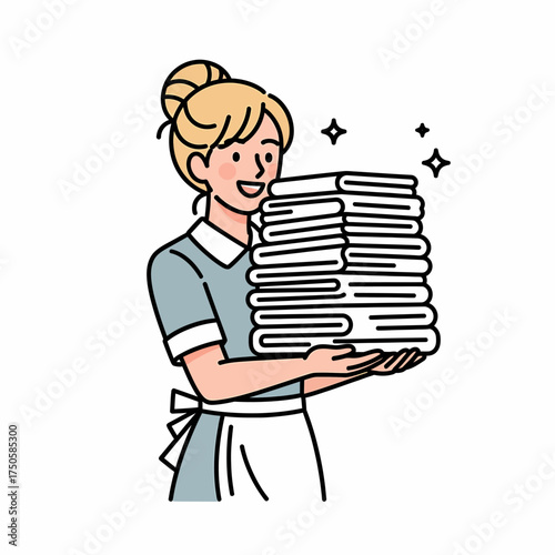 A smiling blonde woman in a maid's uniform holding a tall stack of freshly laundered white towels, with sparkle effects.