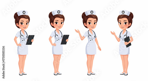 A set of four cartoon illustrations of a friendly female nurse in uniform, shown in various poses with a stethoscope and clipboard.