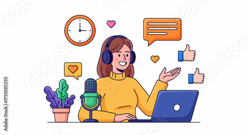 An illustration of a smiling woman wearing headphones and speaking into a microphone while using a laptop, surrounded by social media and communication icons.