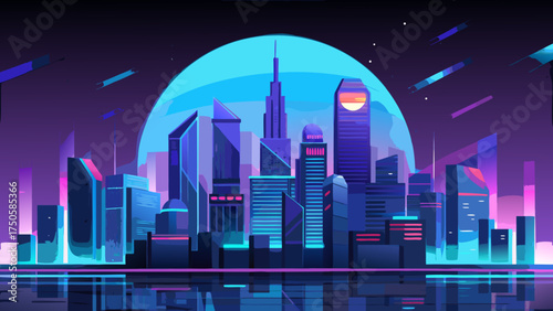 A futuristic cityscape with a large moon in the sky