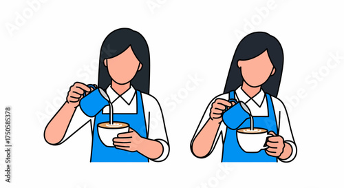 Two illustrations of a barista pouring milk into a cup of coffee, one in a bowl and one in a mug.