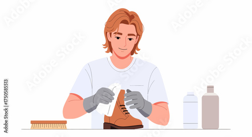 A person cleaning a brown leather boot with a cloth and cleaning supplies on a table.