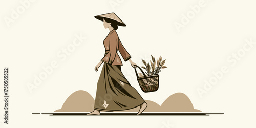 Asian Woman Walking with Basket Vector Illustration of a Rural Scene with Simplified Design
