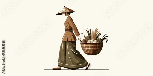 Illustration of a woman in a conical hat and traditional attire, carrying a basket of fresh produce. It embodies the spirit of agricultural work, rural markets, and cultural daily life