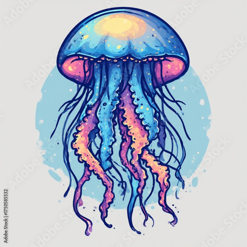 A vibrant illustration of a jellyfish, showcasing intricate details and colorful gradients against a light blue backdrop.