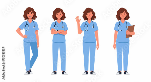Four cartoon female nurses in blue scrubs with stethoscopes, posing in different stances, including hands on hips, arms crossed, waving, and holding a clipboard.