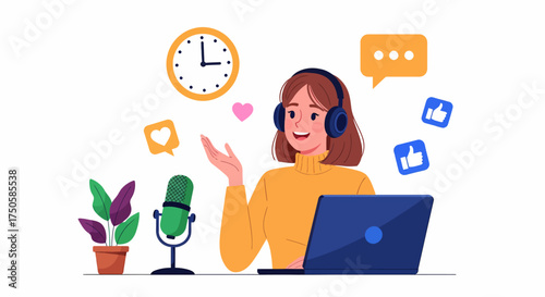 A female podcaster or streamer with headphones and a microphone records a show on her laptop, surrounded by social media icons.