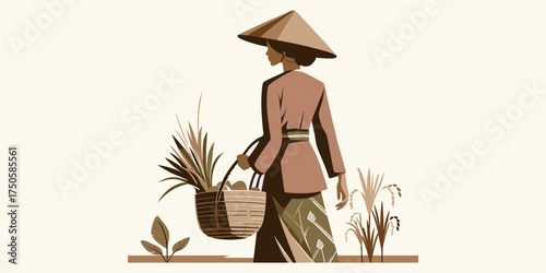 Woman carrying a basket of crops on her head, wearing traditional clothes, set against a neutral background, evoking a sense of rural life and harvest