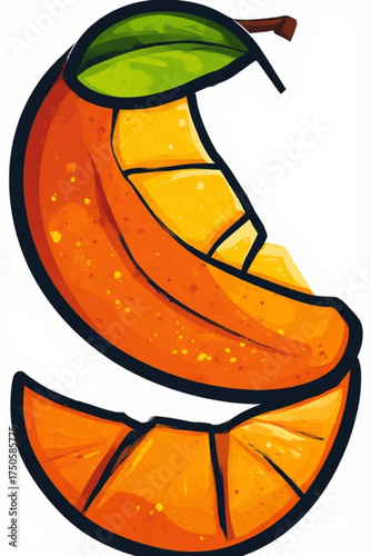 Cartoon illustration of a sliced mango fruit with a leaf, showing the orange skin and yellow flesh.
