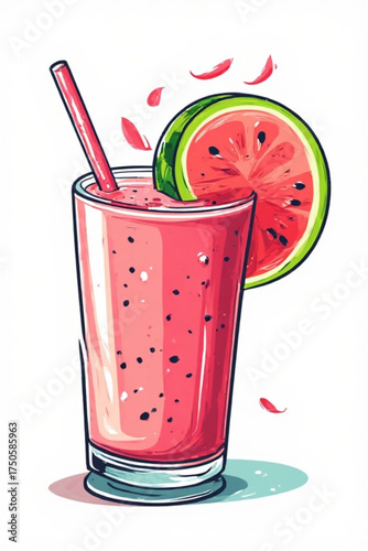 A refreshing watermelon smoothie served in a tall glass with a straw, garnished with a watermelon slice and petals.