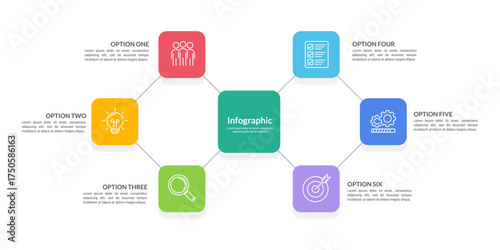 Business Infographic Template. 6 Options Hexagonal Flowchart for Presentation, Strategy, and Data Analysis. Vector illustration.