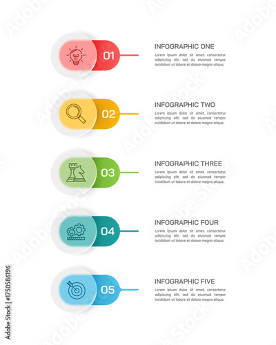 5 Steps Vertical Timeline Infographic with Glassmorphism Design. Morphism effect. Vector illustration.