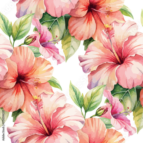 Tropical  Hibiscus Flower Botanical Watercolor Vector Pattern