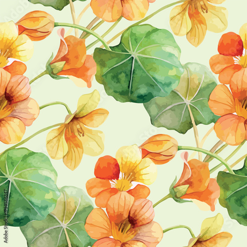 Nasturtium Tropaeolum Flower Botanical Watercolor Vector Textile Pattern